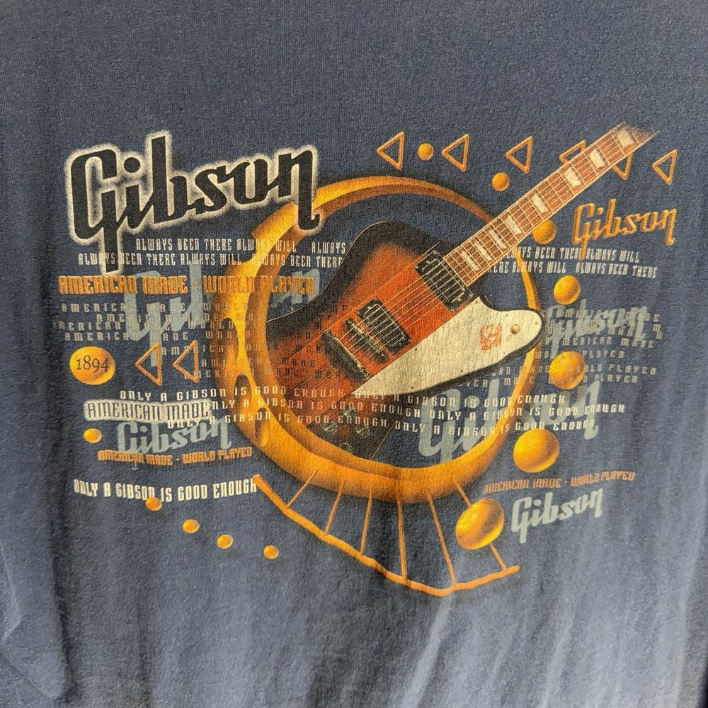 Vintage Gibson Guitar Shirt Size XXL Navy Blue Made in USA Distressed 2XL - Picture 3 of 9